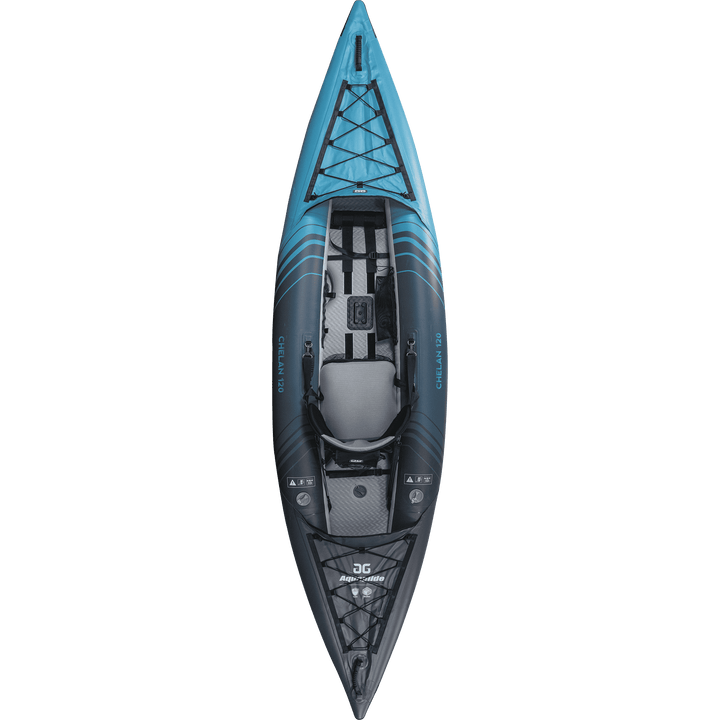 Top view of a blue and gray Chelan 120 inflatable kayak, perfect for paddling adventures.