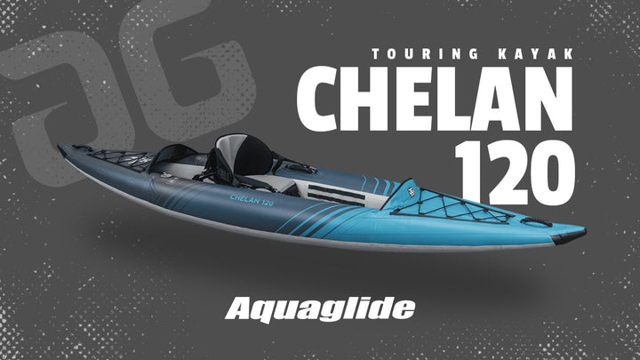 Chelan 120 inflatable kayak, blue & gray with logos on a dark speckled surface.