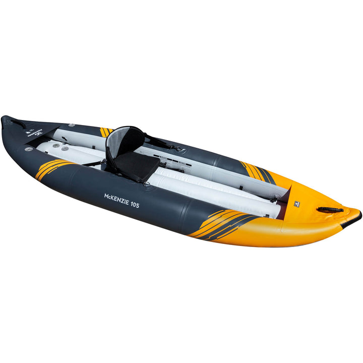 McKenzie 105: Hybrid inflatable kayak, yellow/gray, with seat & paddle holder.