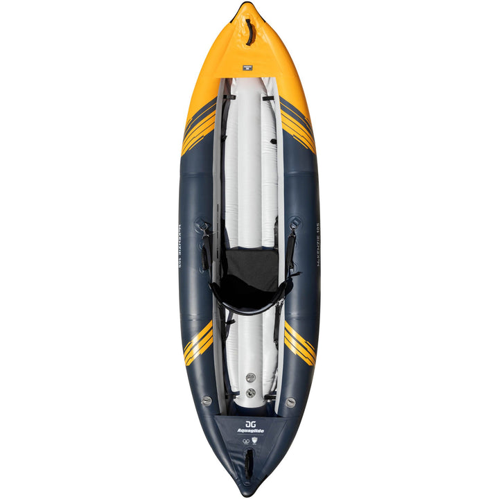 Aerial view of McKenzie 105 hybrid kayak, yellow/dark gray with black seat.