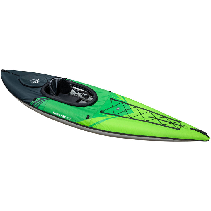 Navarro 110 touring kayak, green and black with geometric design, aerial view.