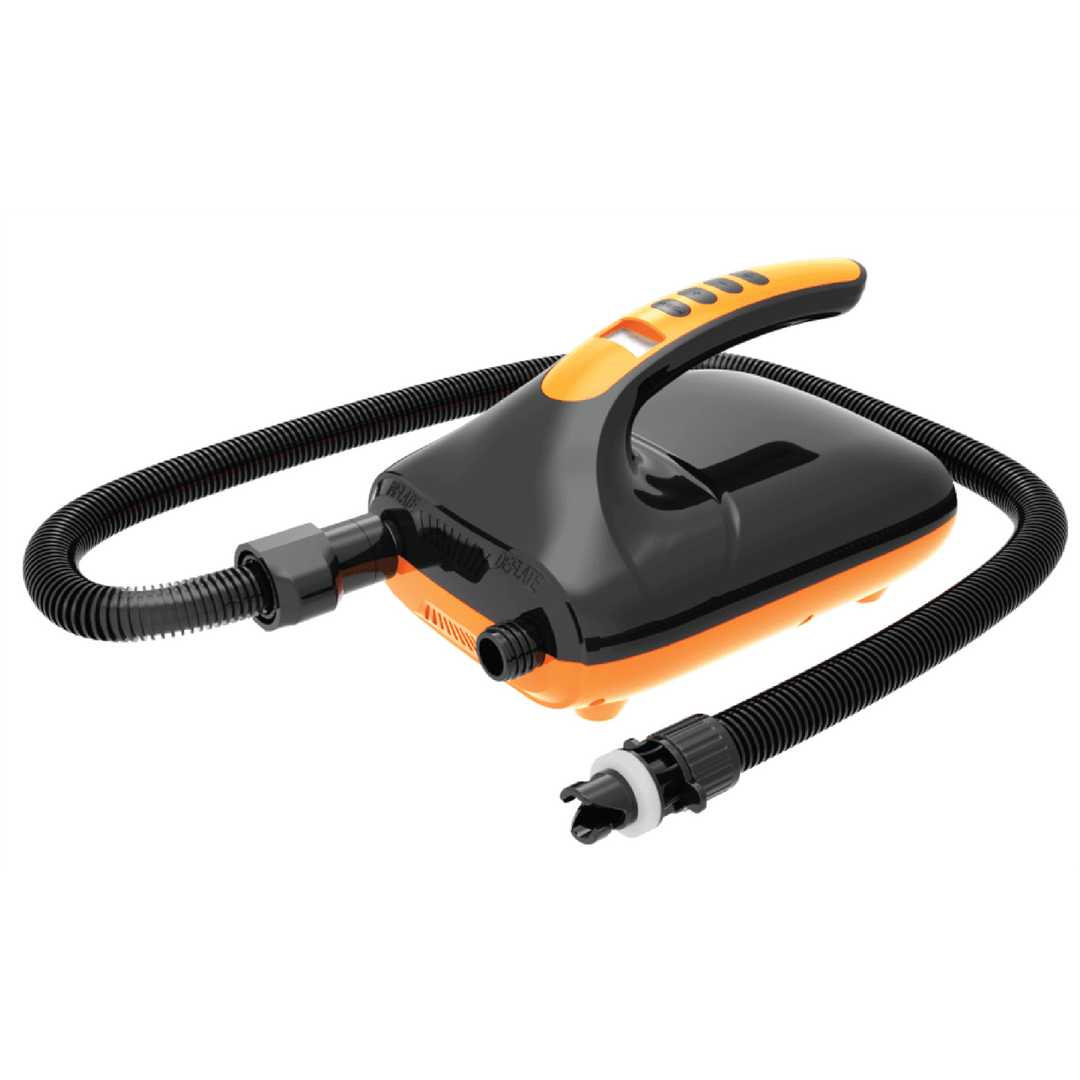 Black and orange Accelerator HP 12v Pump 20 with hose attachments for SUPs and kayaks.