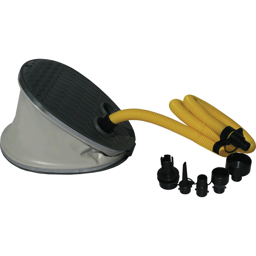 Bellows Foot Pump 4.4: Perfect for low-pressure kayaks, includes yellow hose and assorted nozzles.
