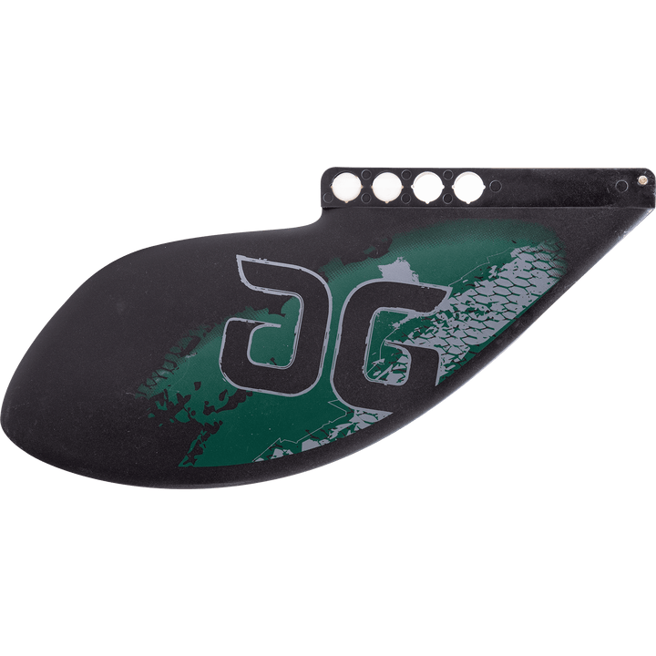 Black kayak fin, white pattern, green JG logo; Press-Fit Kayak Fin with Glass Flex Construction.