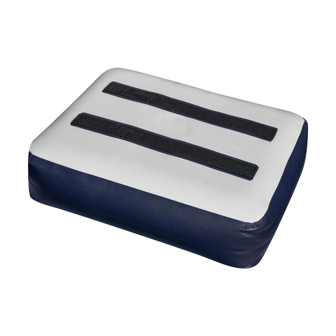 Seat Riser: A dropstitch cushion with navy sides, white top, and improved kayak visibility.