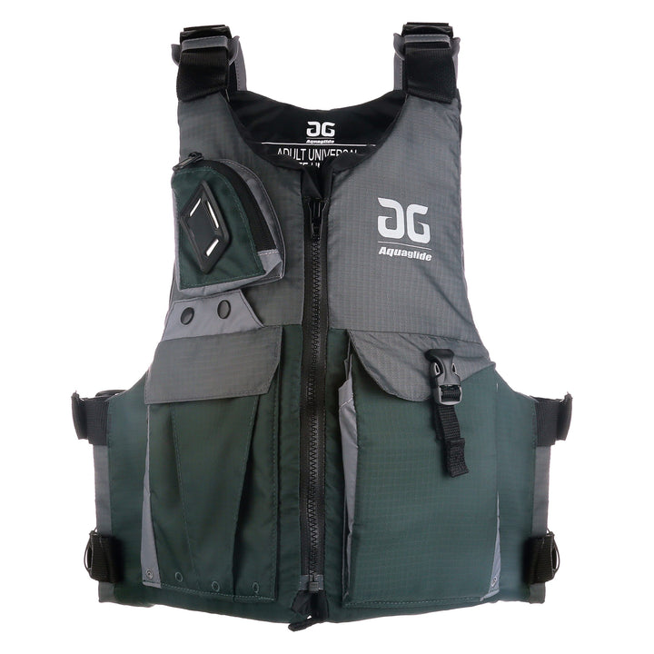 Aquaglide Fishing Vest in dark green and gray with pockets and adjustable straps.
