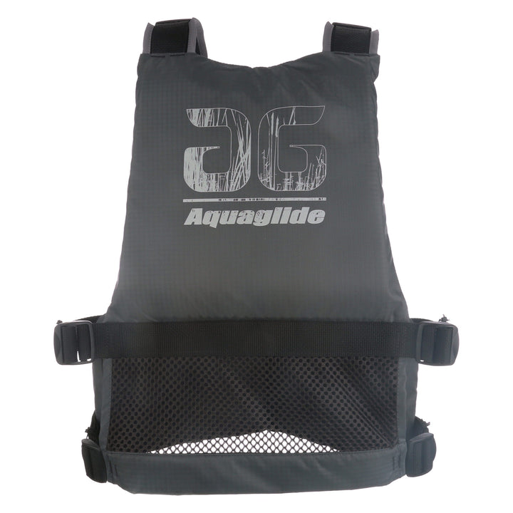 Aquaglide Fishing Vest; gray with mesh pocket and adjustable straps for kayak angling.