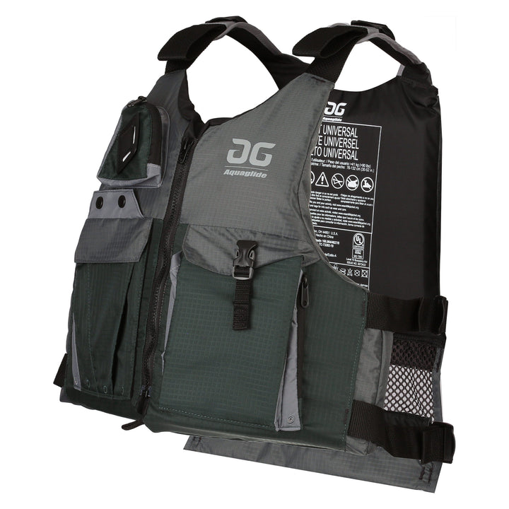 Aquaglide vest, dark green/gray with pockets and adjustable straps.