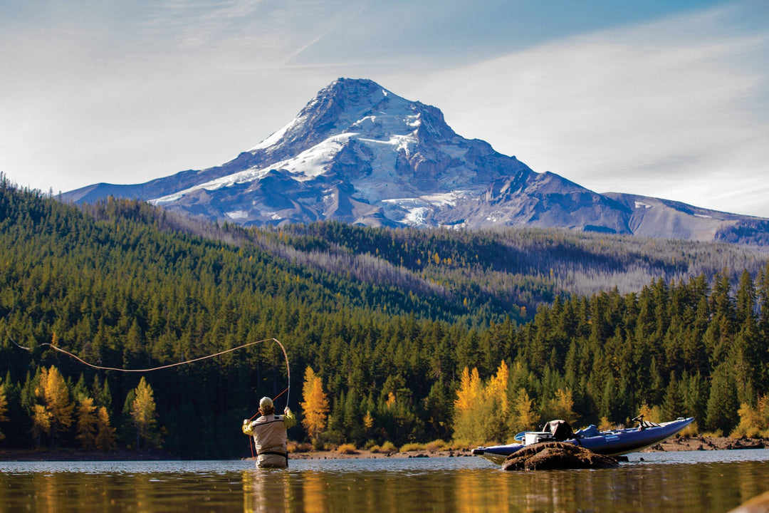 Man fly fishing in a river with snow-capped mountains and a forest in the background.