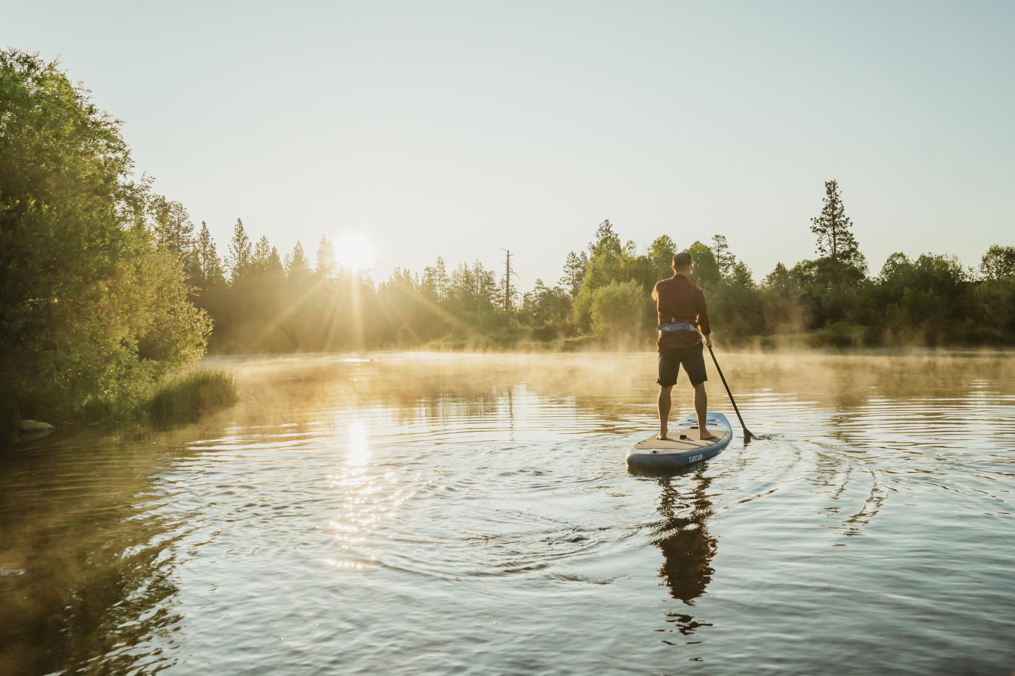 Person paddleboarding on a misty lake at sunrise, surrounded by trees.