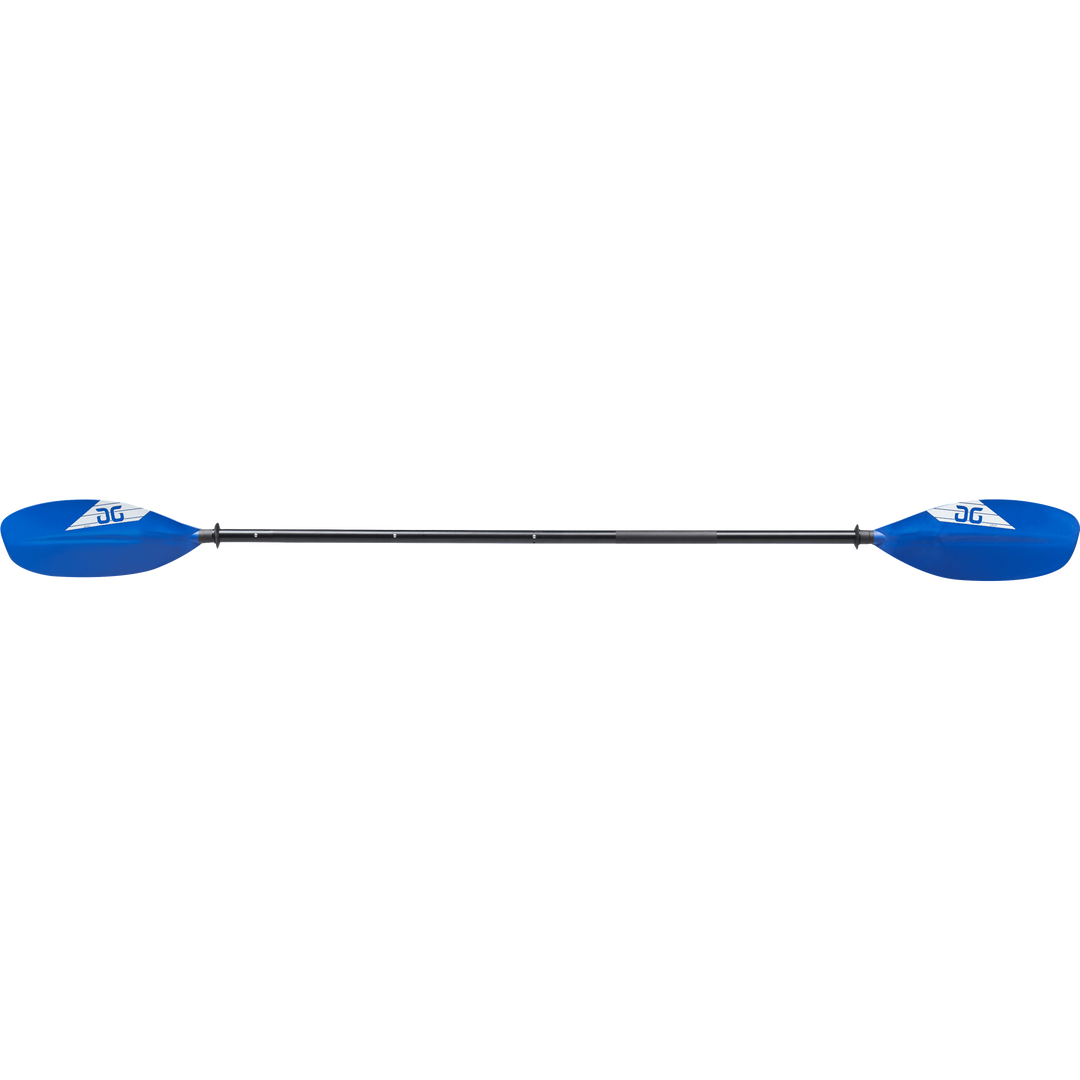 Aries 4-Piece Kayak Paddle with blue/white blades and black aluminum shaft.