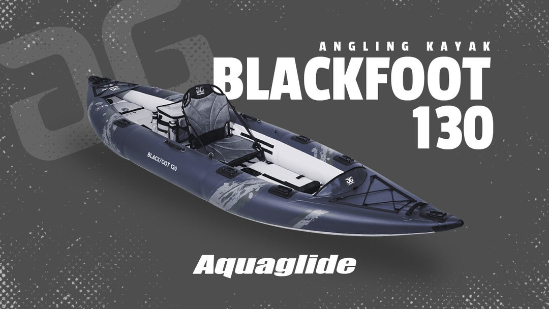 Blue/gray inflatable solo fishing kayak. Text: Blackfoot Angler 130, Aquaglide.