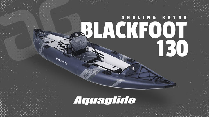 Blue/gray inflatable solo fishing kayak. Text: Blackfoot Angler 130, Aquaglide.