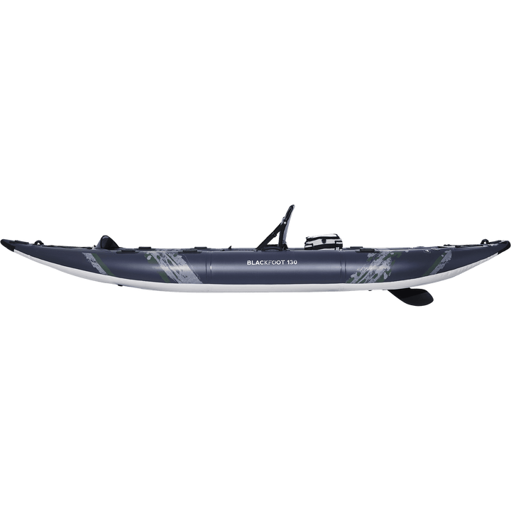 Blackfoot Angler 130 solo kayak with seat and paddle holders, side view.