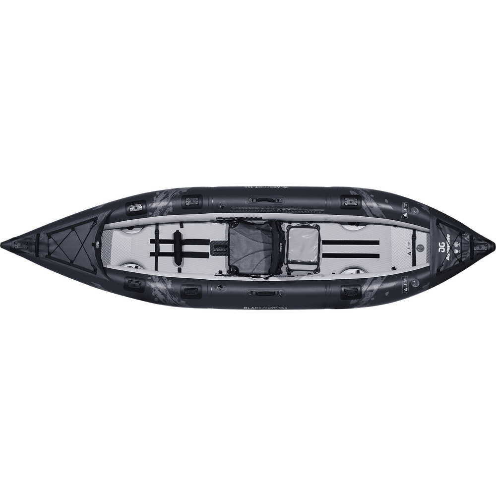 Top view of a Blackfoot Angler 130, a solo angling kayak with seating and storage.