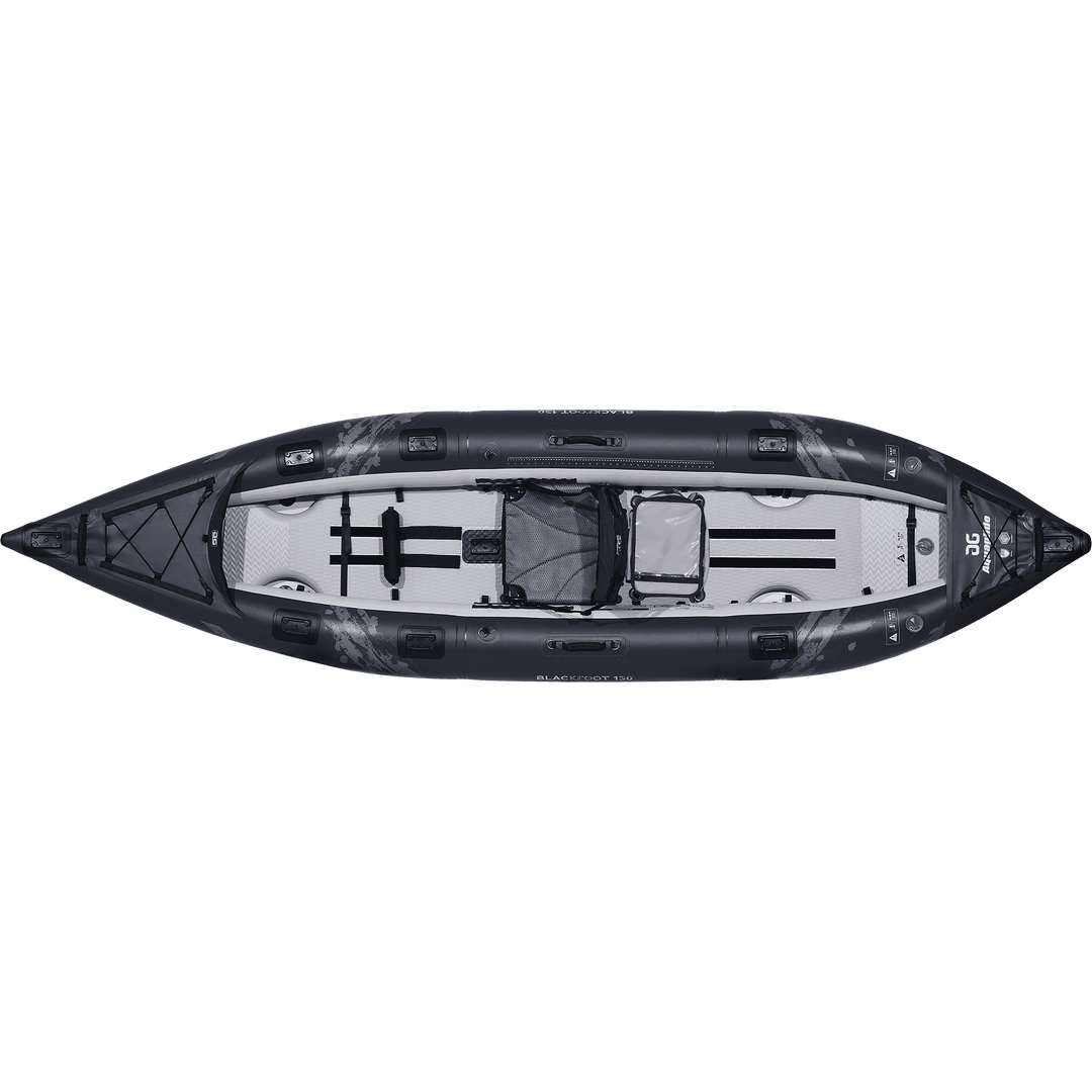 Top view of a Blackfoot Angler 130, a solo angling kayak with seating and storage.
