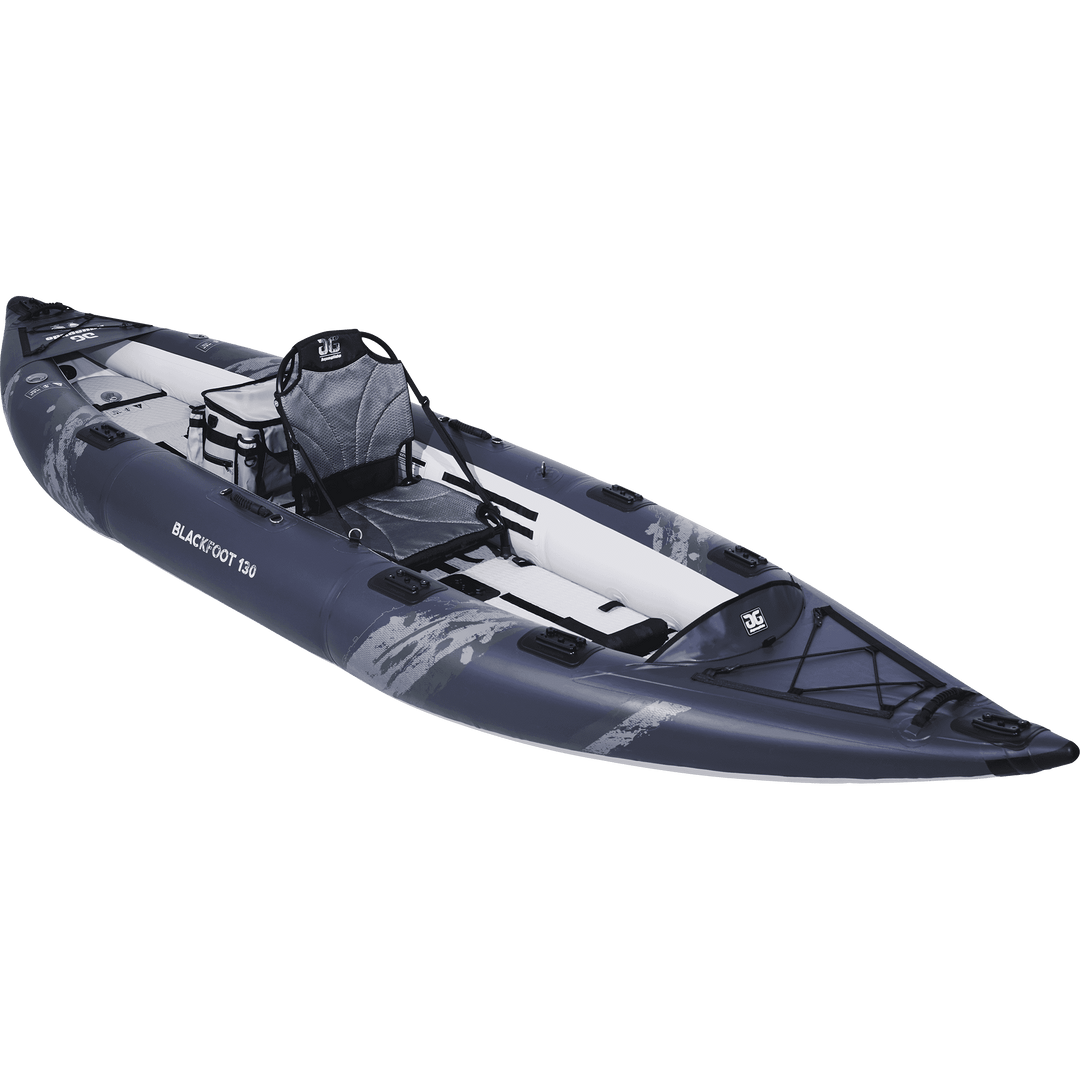 Blackfoot Angler 130 kayak, dark gray with seat/storage, by Duratex™ for solo angling.
