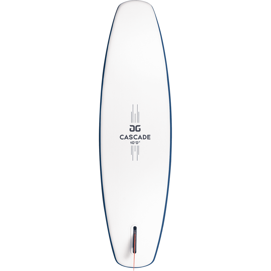 Cascade 10 Paddleboard: lightweight, blue edges, logo, center fin slot.