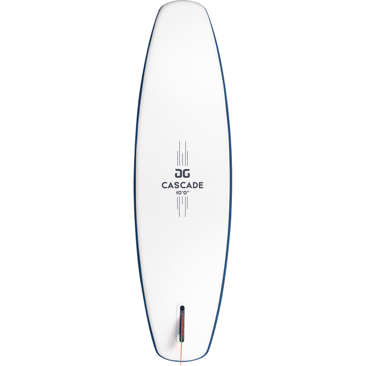 Cascade 10 Paddleboard: lightweight, blue edges, logo, center fin slot.