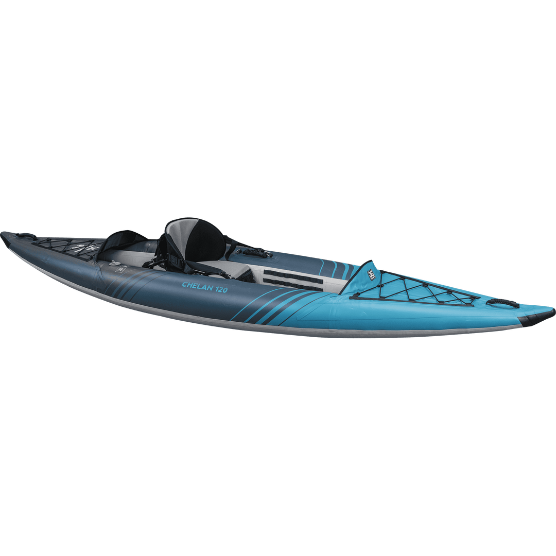 Chelan 120 inflatable kayak, perfect for paddling adventures, in blue and gray.