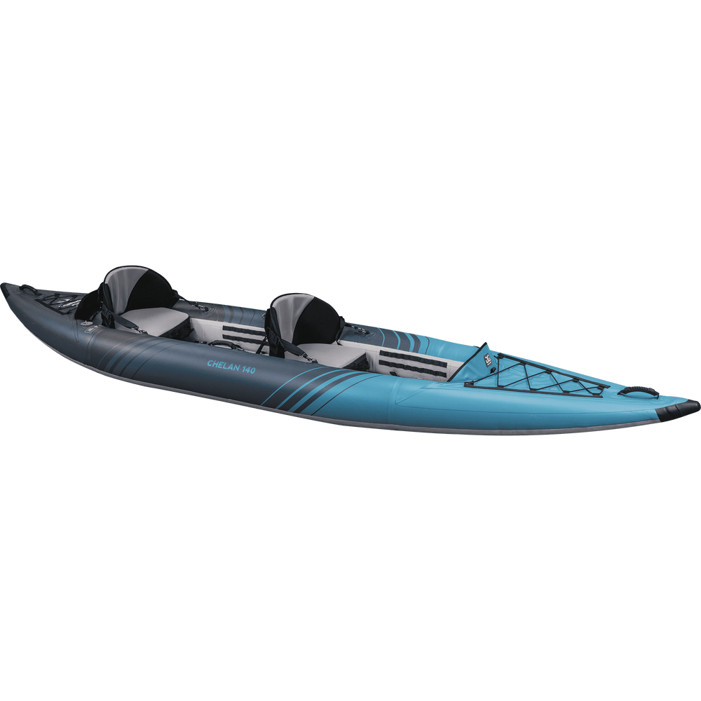 Chelan 140 Package kayak, blue/black tandem for two, side view.