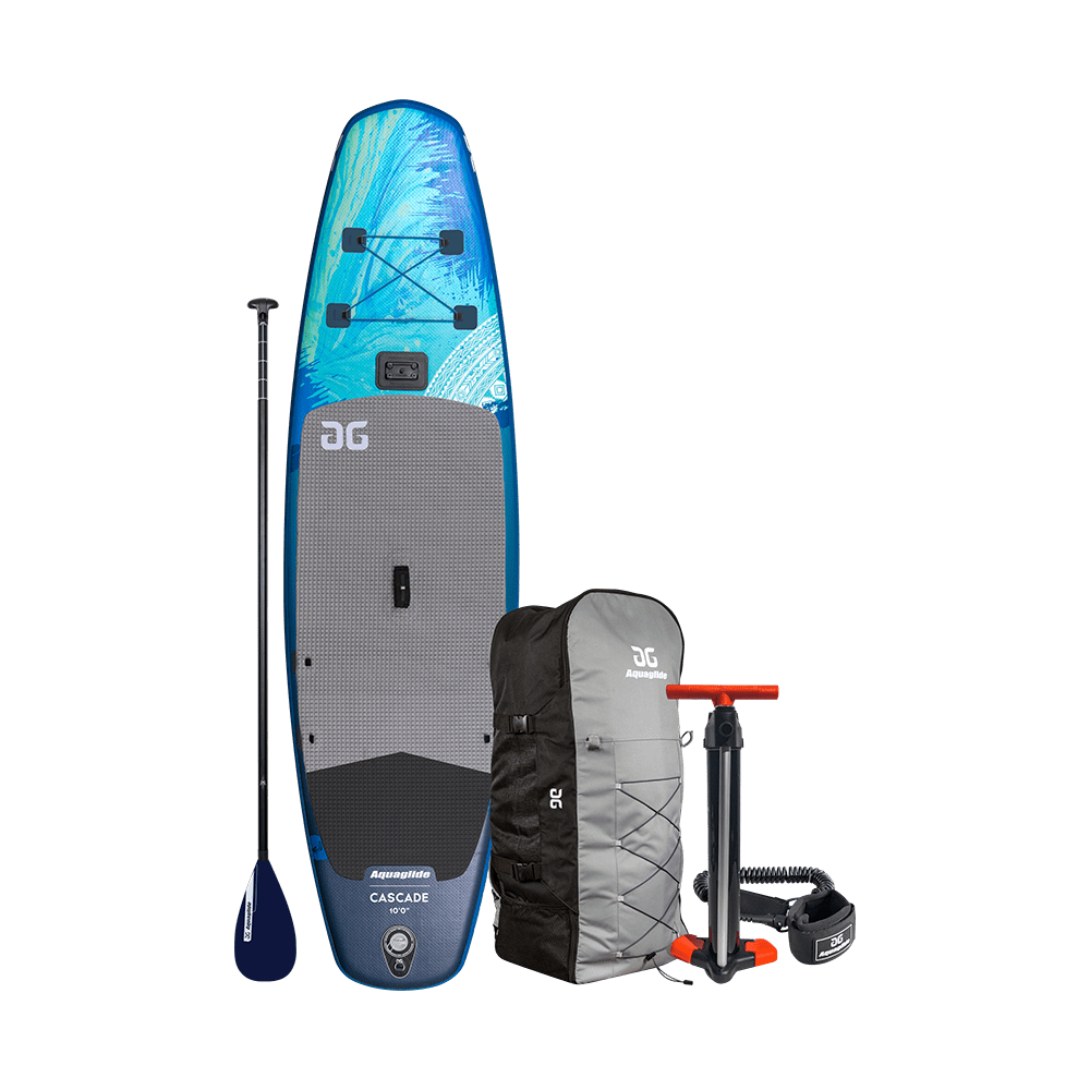 Cascade 10 Paddleboard Package: SUP with paddle, pump, and carrying bag for lightweight use.