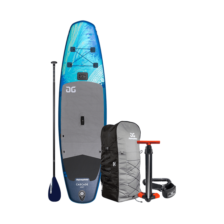 Cascade 10 Paddleboard Package: SUP with paddle, pump, and carrying bag for lightweight use.