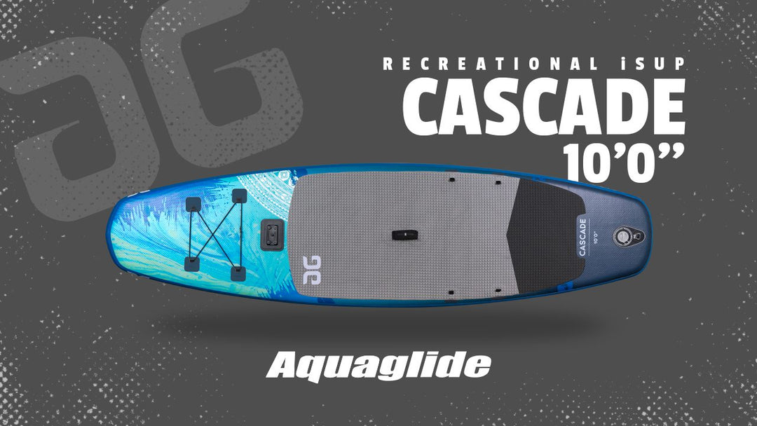Blue and gray Cascade 10 Paddleboard by Aquaglide, with logo and lightweight design.