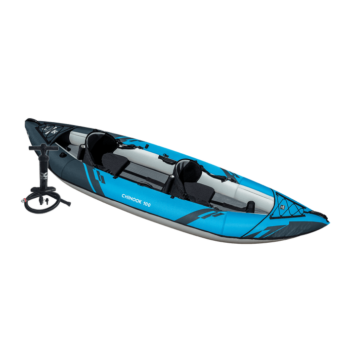 Chinook 100: Lightweight blue inflatable tandem kayak with pump.