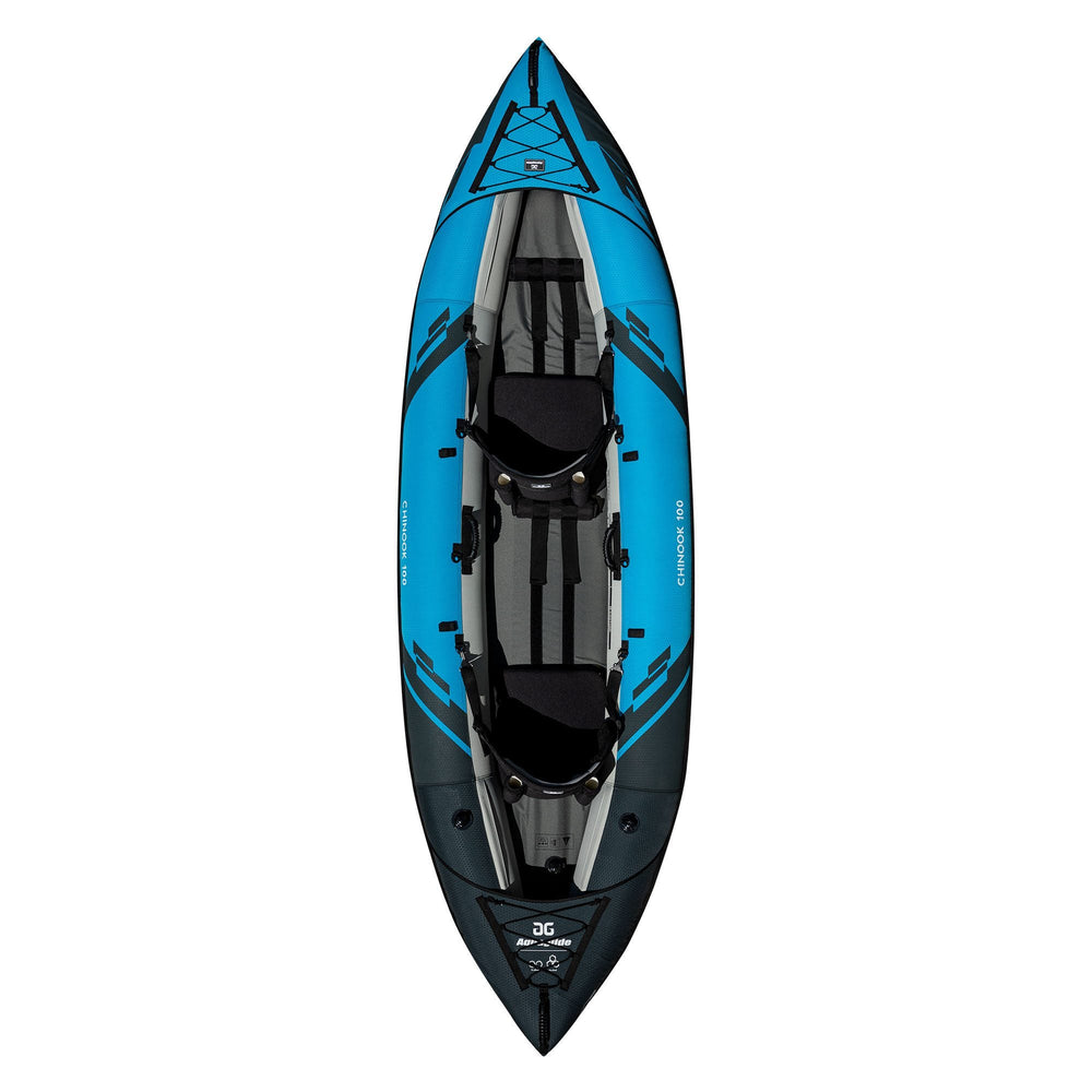 Top view of Chinook 100 tandem kayak, blue and black, includes pump.