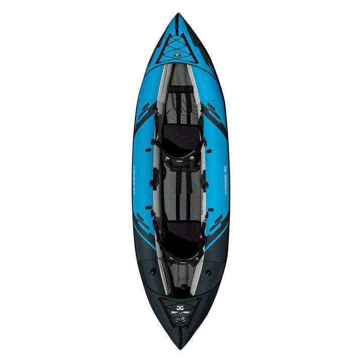 Top view of Chinook 100 tandem kayak, blue and black, includes pump.