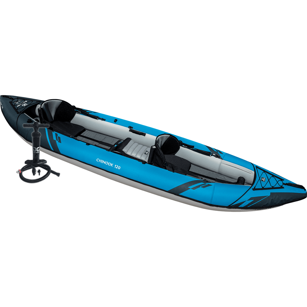 Chinook 120 with paddle and pump, perfect for flat-water adventures.