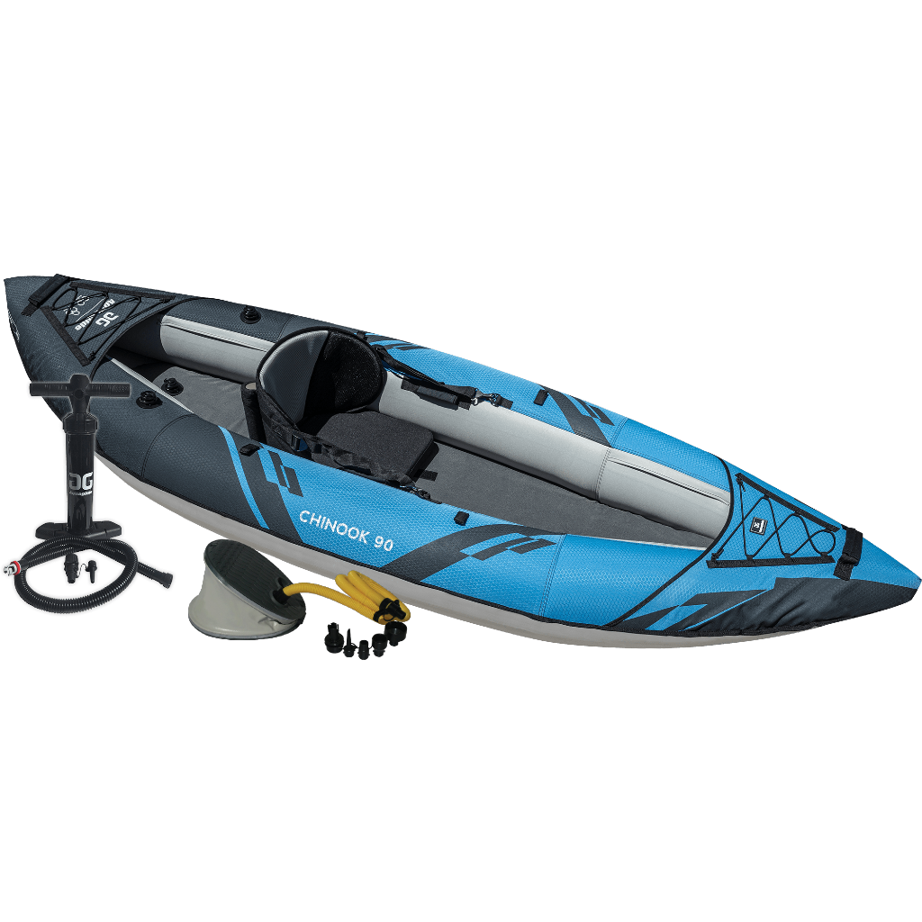 Chinook 90 with Pump blue inflatable kayak, paddle & accessories for recreation.
