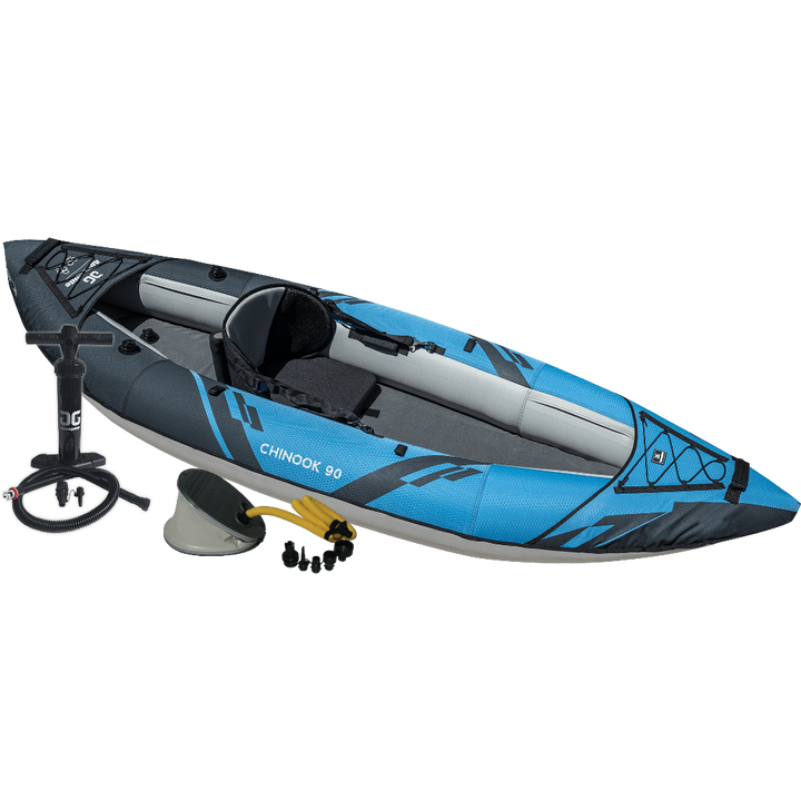 Chinook 90 with Pump blue inflatable kayak, paddle & accessories for recreation.