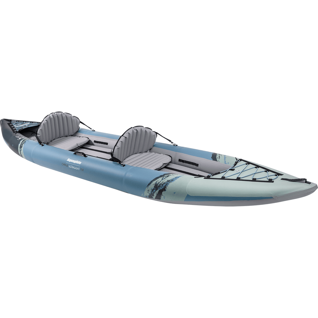 Cirrus Ultralight 150: Blue/gray TPU Nylon 2-person kayak with front black netting.