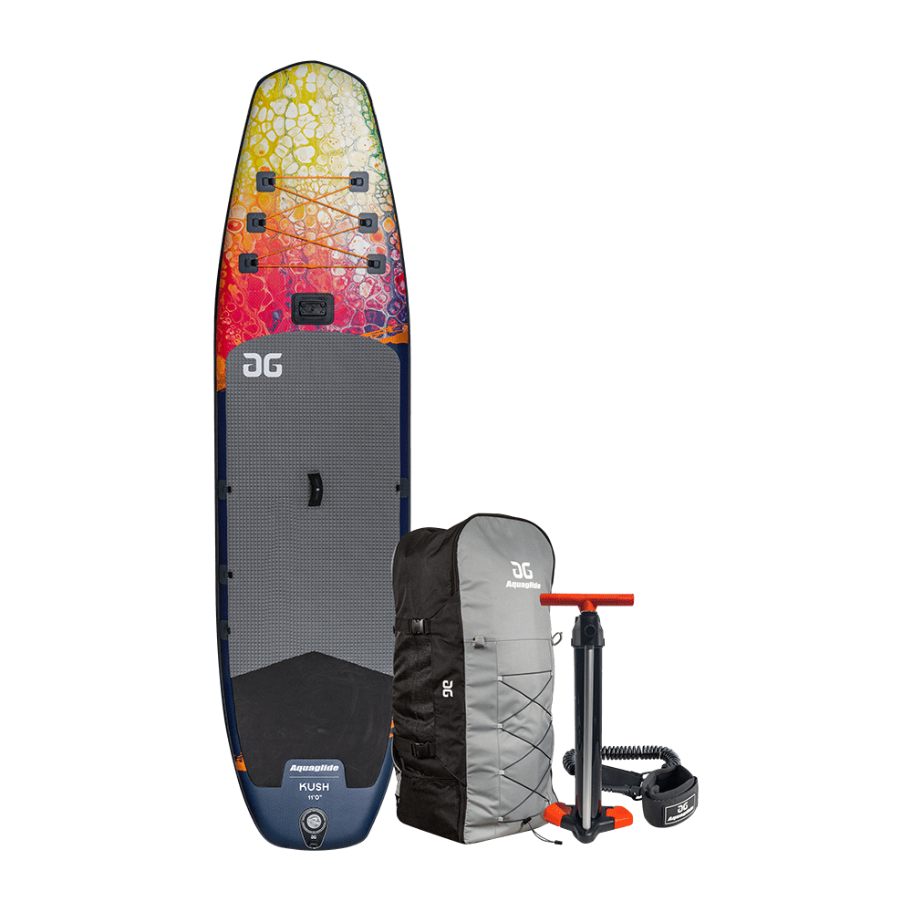 Kush 11 Paddleboard: inflatable with SUP stability, includes pump, backpack, and leash.