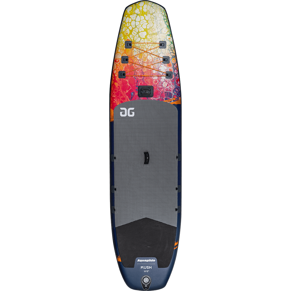 Kush 11 Paddleboard: Vibrant gradient design with black traction pad for recreational paddling.