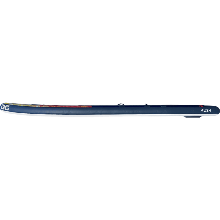 Side view of the Kush 11 Paddleboard, blue with a colorful top and KUSH on the tail.