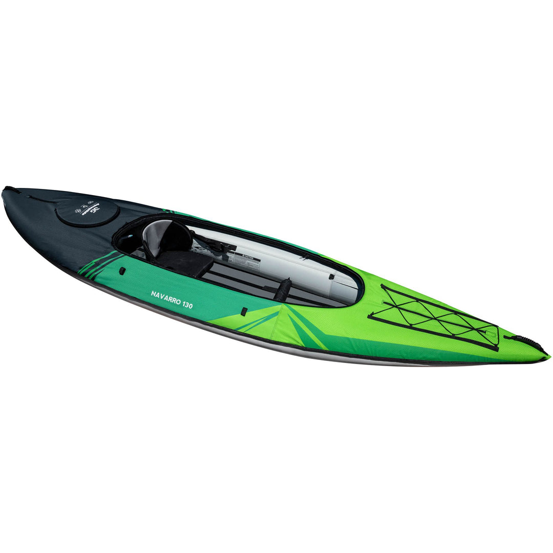 Navarro 130: Green and black touring kayak with seating area and paddle holder.