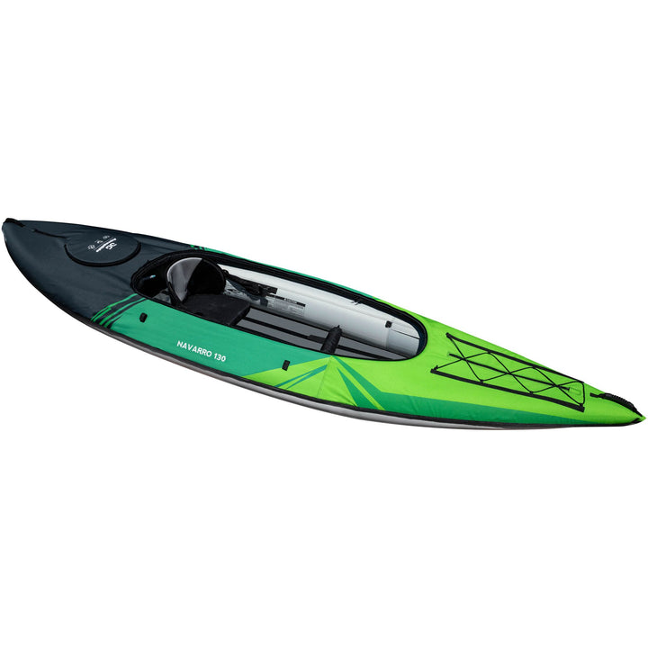 Navarro 130: Green and black touring kayak with seating area and paddle holder.