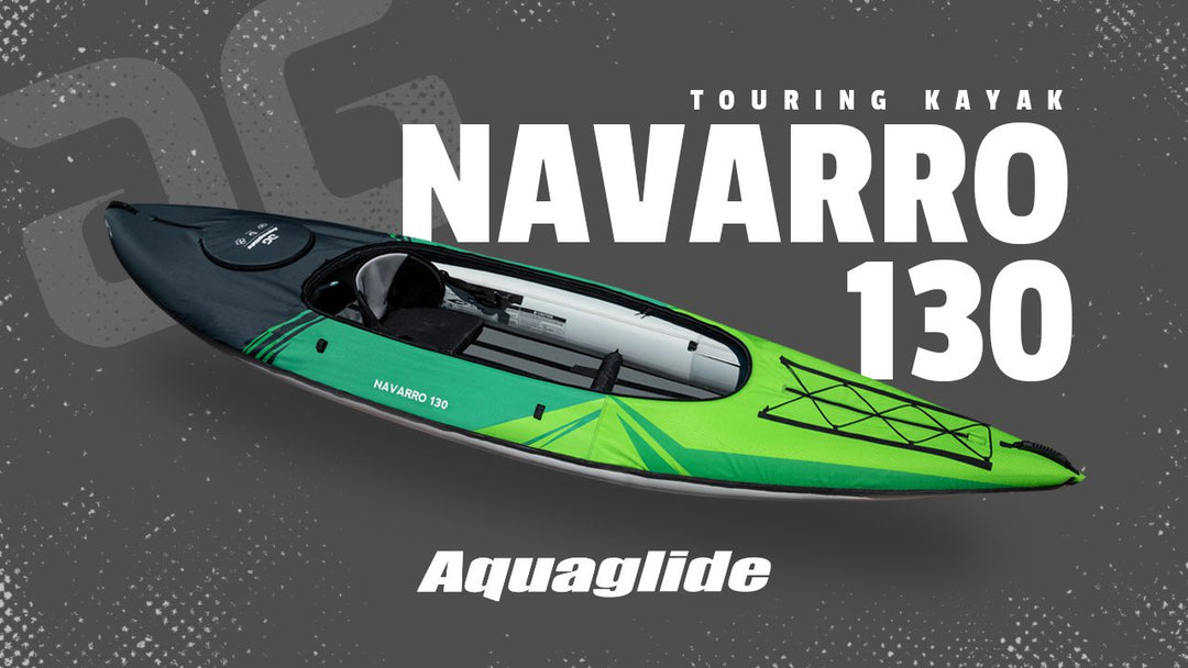 Aquaglides green/black Navarro 130, a touring kayak with drop-stitch floor.