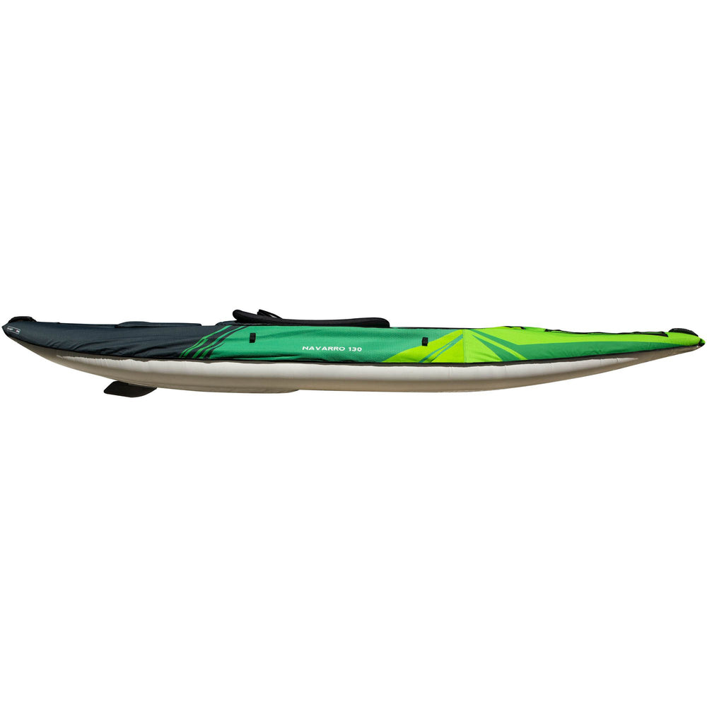 Navarro 130 green inflatable kayak with drop-stitch floor, side view for touring.