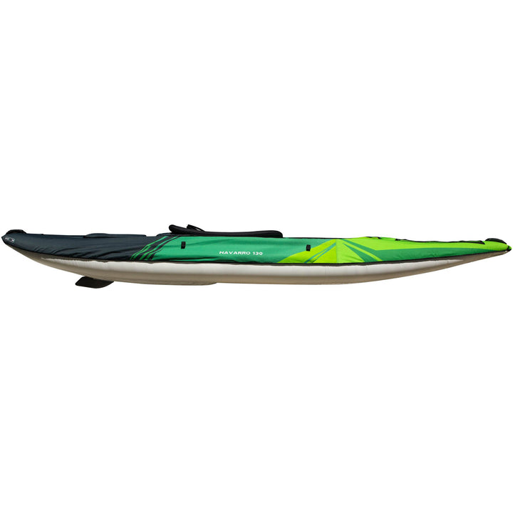 Navarro 130 green inflatable kayak with drop-stitch floor, side view for touring.