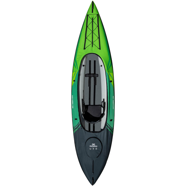 Top view of the Navarro 130, a green and black recreational touring kayak with seat and foot braces.