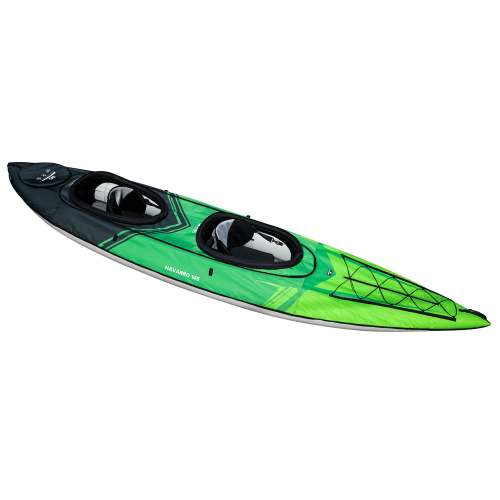 Navarro 145: Green/black kayak, padded seats & storage net, perfect for recreational paddling.