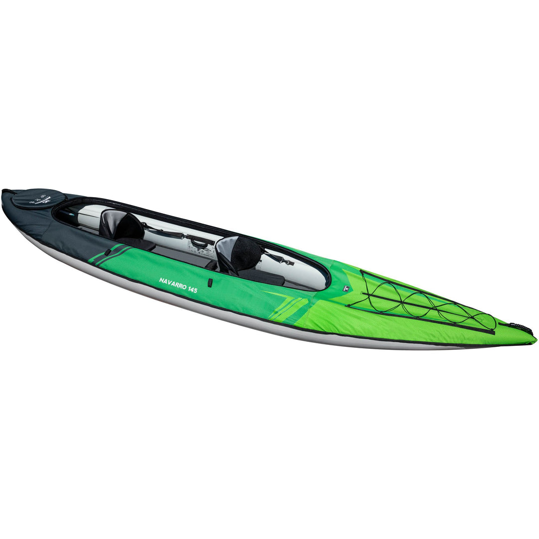 The Navarro 145 is a green and black inflatable kayak for recreational paddling.