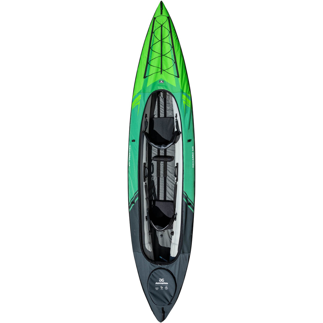 Top view of the Navarro 145, a green and gray two-seater inflatable kayak with convertible design.