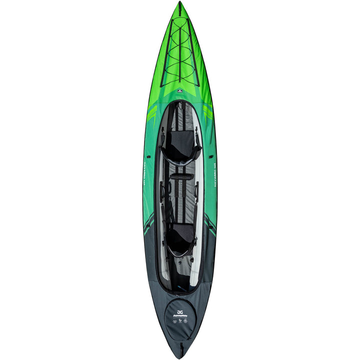 Top view of the Navarro 145, a green and gray two-seater inflatable kayak with convertible design.