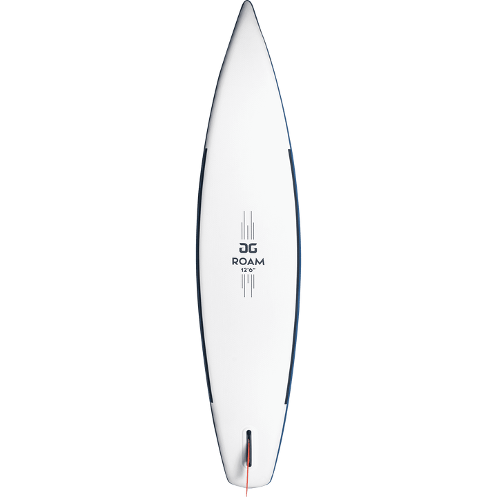 Roam 126 paddleboard, ideal for performance touring, white with logo and blue rail accents.