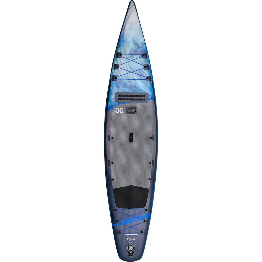 Roam 126 paddleboard in blue/black with bungee cords and central handle for performance touring.
